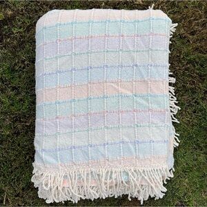 Vintage Crown Crafts Pastel Plaid Woven Fringed Blanket Twin Size USA GUC